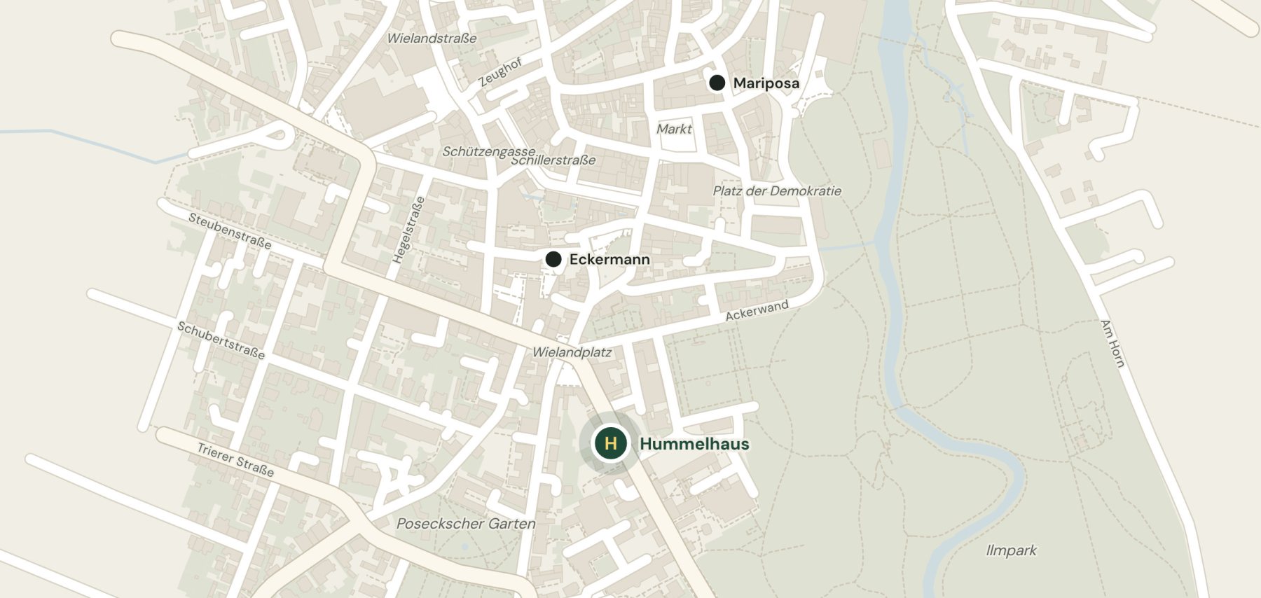 Lageplan: Hummelhaus Weimar in der Weimarer Altstadt, dazu die beiden anderen Häuser des Gastgebers